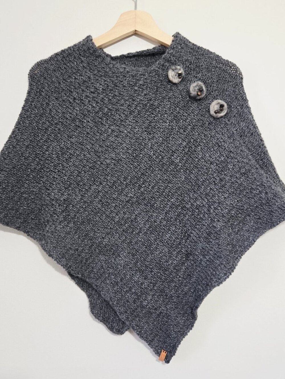Handmade Gray Knit Poncho Cape Felt Button Boho Artisan Cozy Wrap Wool Blend OS